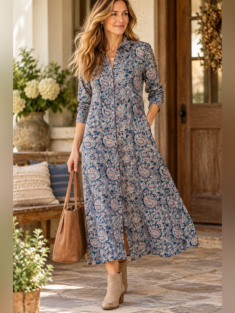 Pure Jill Floral Paisley Maxi Dress Blue Pink Organic Cotton Button Front M NEW